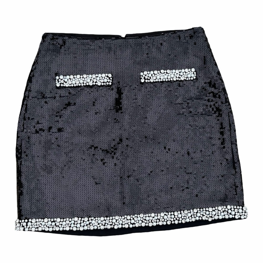 Veronica Beard Black Sequin Mini Skirt with Rhinestone Trim